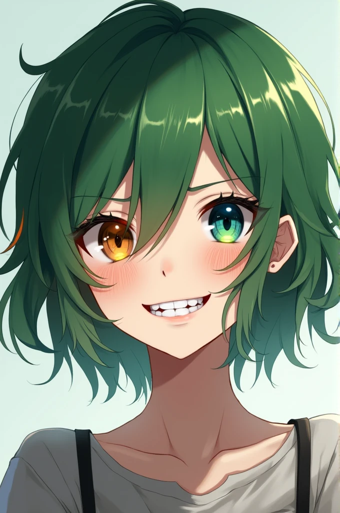 Anime girl with short green hair that covers left eye and orange highlights, one eye color is green and the other eye is blue, teeth like smile, pale skin,