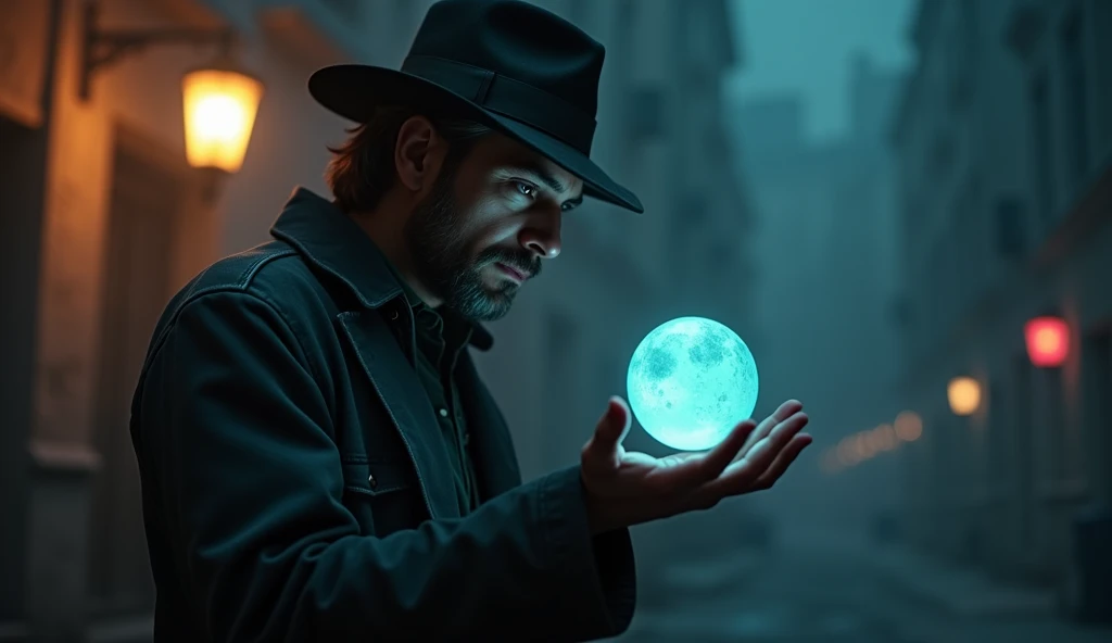 A detective man one glow ball on her hand a aesthetic background