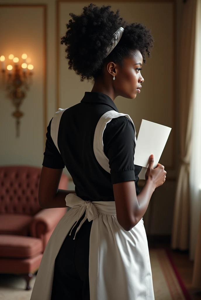 black woman in maid outfit from behind holding a paper