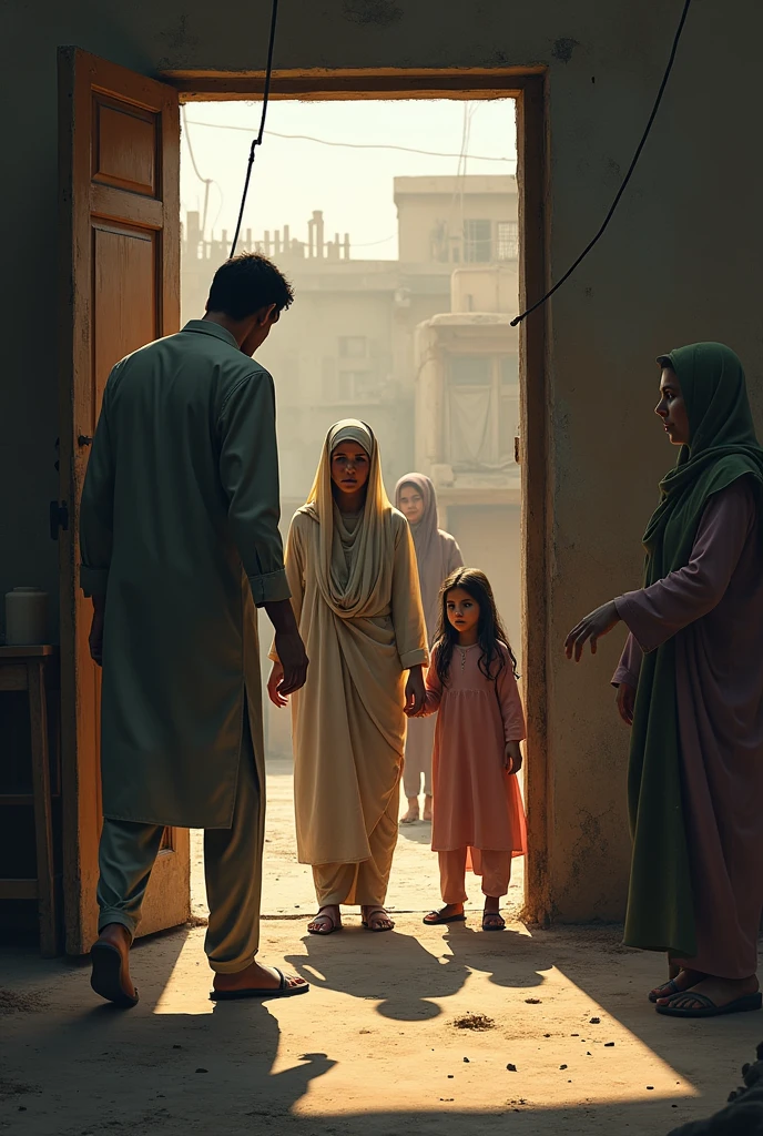 Generate a picture of woman and her daughters being kicked out of house by her husband in pakistan