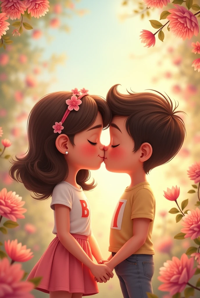 Beautiful cartoon girl wearing t shirt printed letter B and hadsome cartoon boy wearing t shirt printed letter I. They are close on flower background. They are kissing.