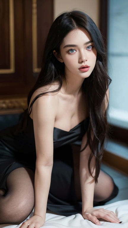 full body masterpiece, ultra realistic, 16k, high quality, incredibly detailed, dream aesthetic, dream atmosphere, cinematic, (sharp focus : 1.5), (photorealistic : 1.3), gothic (Gorgeous gothic girl), wonderful redhead girl (enchanting seductress), small nose. cinematic, detailed, 16k sharp focus, realistic. wonderful. Seductive (evil). black hair (realistic texture), highlighted, silky and shiny hair, detailed hair (realistic), (natural). wonderful detailed face (enchanting seductress). blushed cheekbones (rosy cheeks), tanned skin, (white skin) alabaster skin that seems to glow ethereally. Her attire is gothic. Voluptuous shape. turquoise blue eyes (evil eyes look). a symmetrical face ::2 gothic clothes + ArtStation Trends + fantasy art + realistic cloth + fractals in the background, loose hair --aspect 9:21 – enhance your unearthly beauty. realistic skin texture, pale white skin illuminated. realistic perfect shading. absurd, realistic textures. alone, alone, 1 girl. Looking at the viewer. muscular female body, hot body, toned body, defined muscles. big natural breasts, cleavage. pantyhose, gothic (black) dress (realistic texture). In different positions at different angles. Bedroom background. incredibly real, best quality, photorealistic.