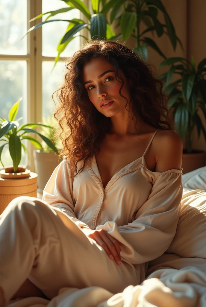 (photorealism:1.2), beautiful woman, sitting on bed, wearing loose off-shoulder top, pajama pants, long curly hair, indoors, soft lighting, plants in background, window with sunlight, cozy room, relaxed pose, realistic, intricate details, warm colors, by Greg Rutkowski, by Alphonse Mucha