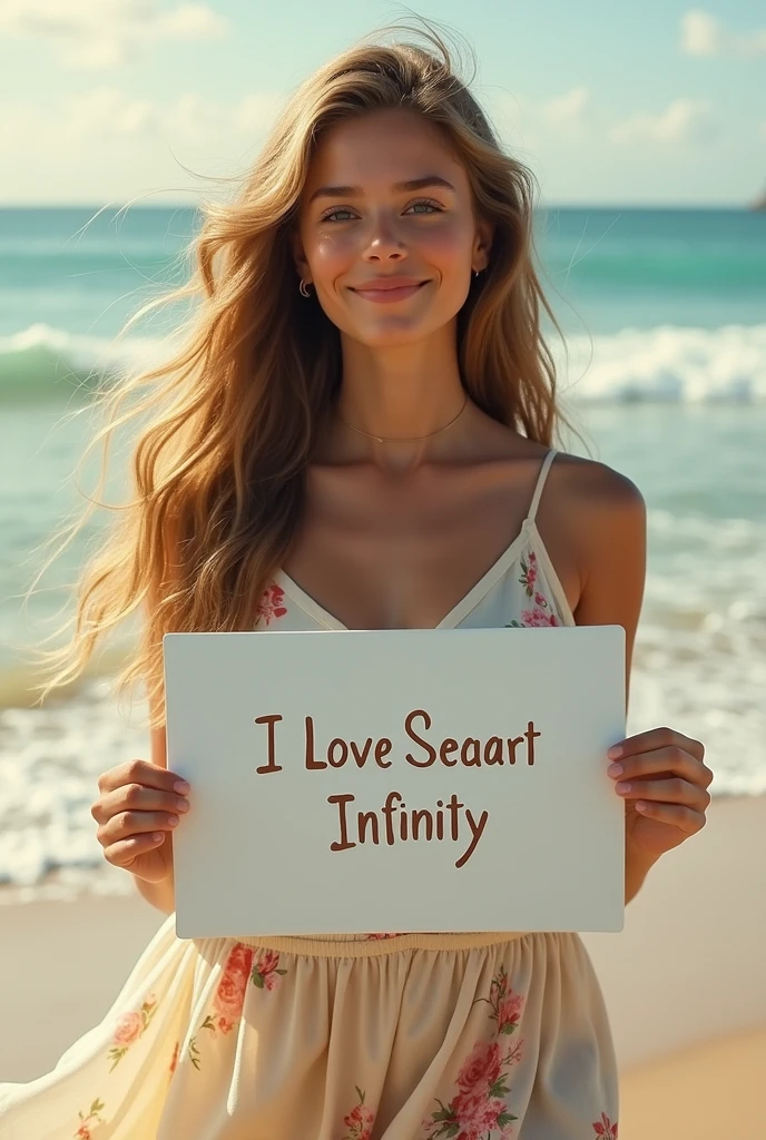 Beautiful girl with wavy long hair, bohemian dress, holding a white board with text "I Love Seaart Infinity" and showing it to the viewer