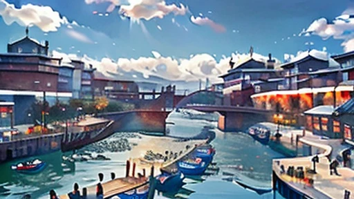 modern style、Embankment,Fishing port,blue sky,noon,Small Port Market,White small town,The market was a festive atmosphere, including tourists.、People in the city々Everyone was smiling and enjoying their time. There were about ten boats lined up in the port, and you could see fish being unloaded on carts and transported directly to the stores.、From this point, there is a small bridge where the only train goes out of the city.、The Aomi Bridge was also clearly visible.,Beautiful studio soft light, Very detailed (Realistic, photo-Realistic:1.37),wonderful, Fine to the smallest detail