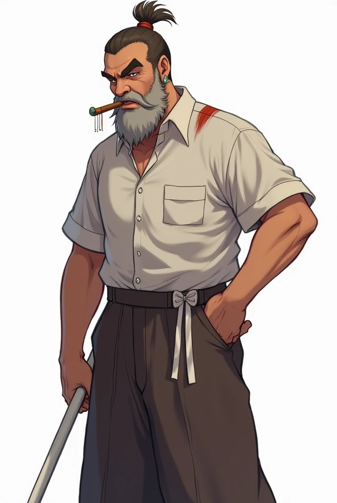 character, old man, brown hair tied up, body , imposing, dangling earring on her ear, totally black eyes, short beard, bushy eyebrows, cigar in his mouth, scar on his shoulder, wide wool trousers, white ribbons on her waist, white staff, anime, 4k, White background