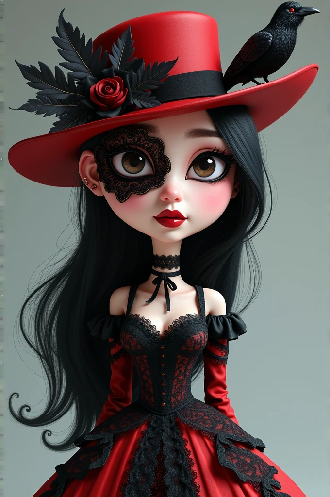 **4d caricature with a big head, a beautiful realistic woman, long black hair, wearing a red hat, wearing black boots, with a black crow on it, a black ribbon & big black feathers, she is wearing a black & red lacy half mask with a pattern complicated, she has bright red matte lips, black & red lace dress with high lace collar, full body, calm gray background**