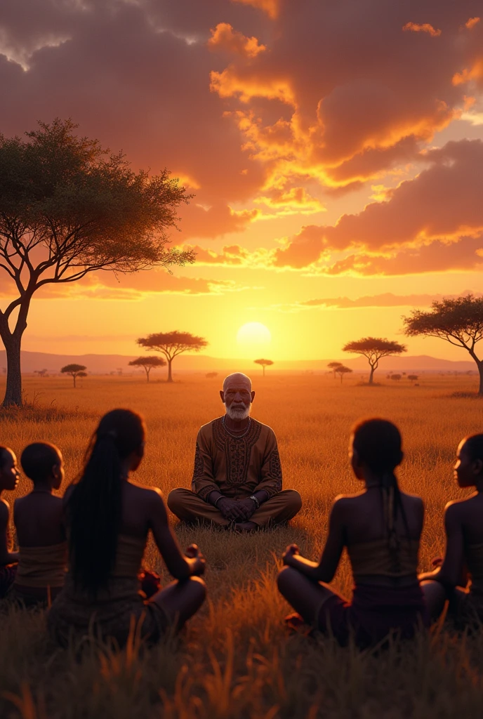 African folktale : The scene takes place in the heart of an ancient African savannah during twilight.