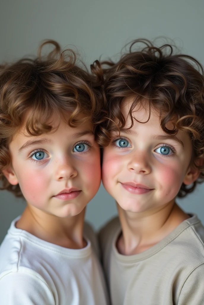 5-6  male twins with curly hair, one with darker hair than the other, blue eyes and white skin