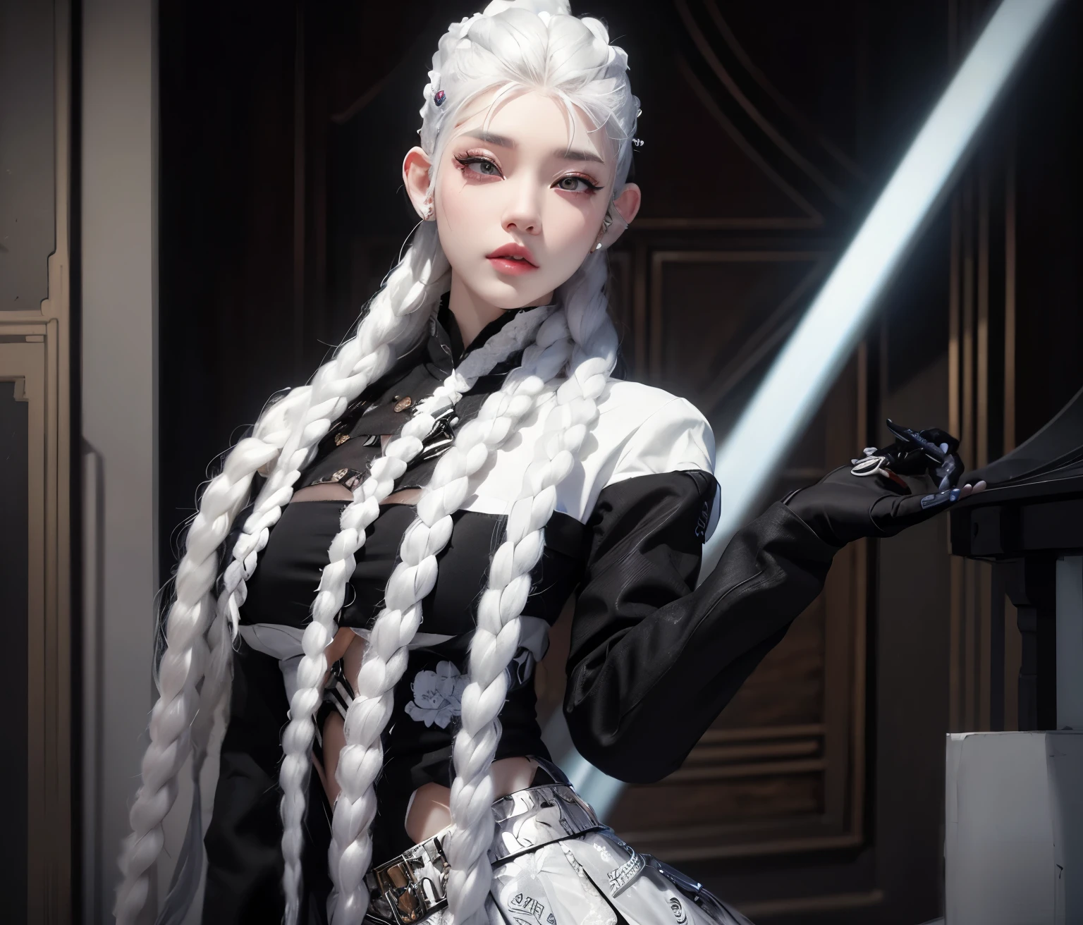 aVATAR SECOND LIFE Korean girl wearing black top,, White hair, White hair White hair, Asian, Perfect and detailed face, imvu, maximalist details, AVATAR SECOND LIFE Korean blusa , neon