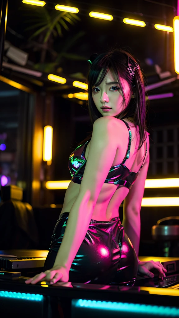 (masterpiece),(Highest quality), Realistic,One girl, alone, DJ club dancer, Lighting, neon, Erotic background, Sexy pose, Very sexy