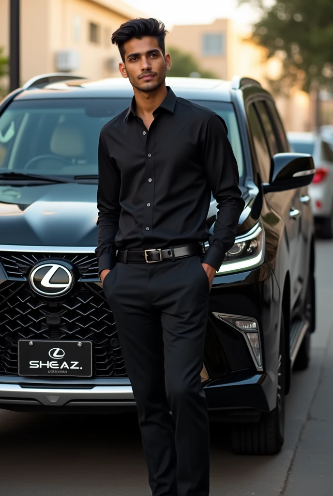 One attitude boy stand with his car lx570 In black shirt and pant and write name on his lx570 number plate
boy name is sheraz Editx