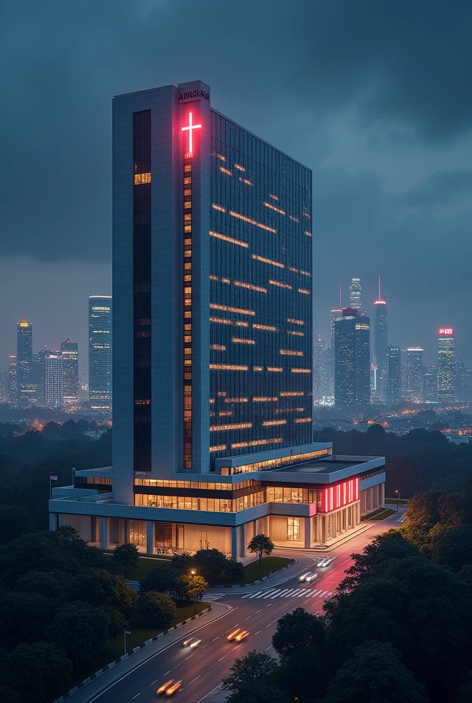 A huge hospital with a red cross near a city with logo ANGAU in night view