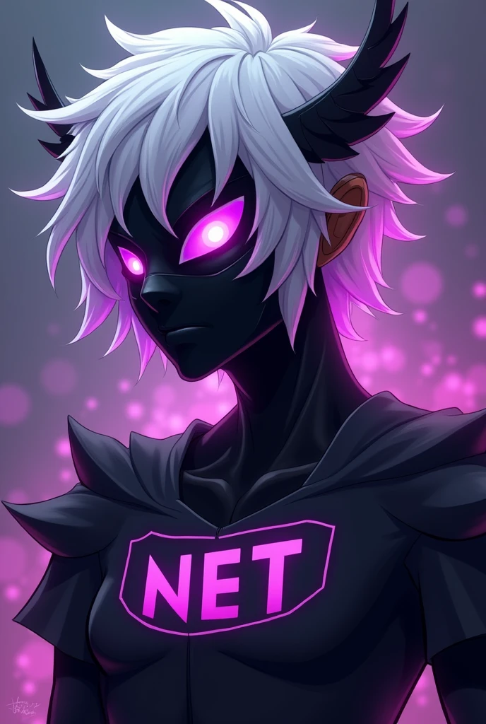 Create a character who has white hair and has small wings in his hair, and is wearing a black mask and has flaming purple eyes and on his chest it says NET