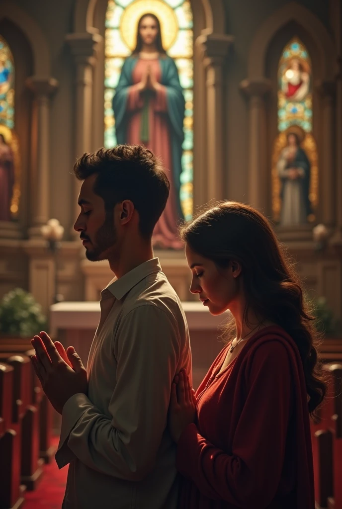 A man and a women praying together in church Mary pictures