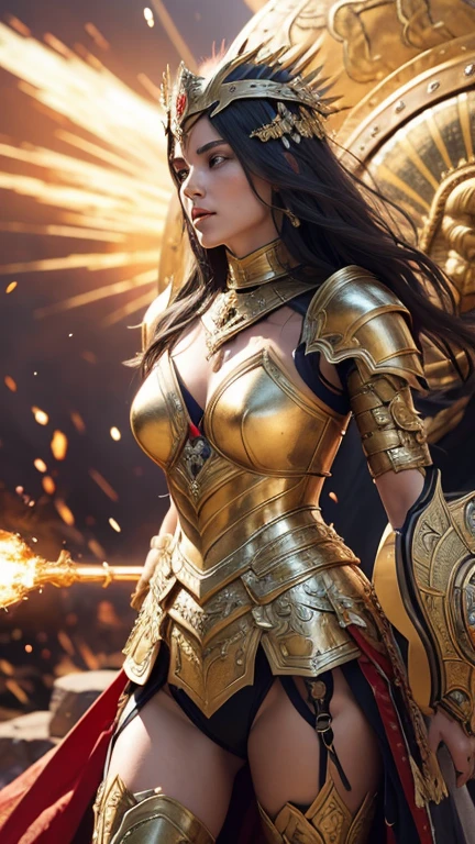 A fierce and powerful Roman female warrior stands resolutely amidst a battlefield, her expression determined and unwavering. She is clad in intricate bronze armor that gleams with a golden hue, including a detailed breastplate and pauldrons. Her helmet, adorned with a large, plume-like crest, adds to her imposing presence. The warrior holds a large, ornate shield with a sunburst design, its surface scarred from battle. Fiery embers float in the air around her, illuminating her flowing hair and the edges of her armor. The background hints at a smoky, war-torn environment, enhancing the dramatic atmosphere