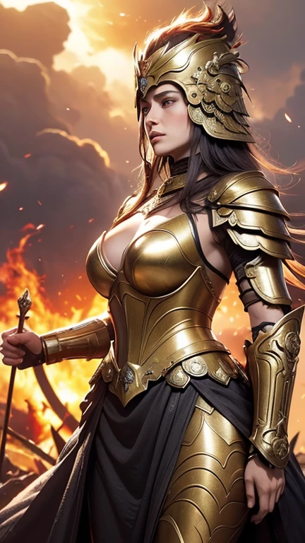 A fierce and powerful Roman female warrior stands resolutely amidst a battlefield, her expression determined and unwavering. She is clad in intricate bronze armor that gleams with a golden hue, including a detailed breastplate and pauldrons. Her helmet, adorned with a large, plume-like crest, adds to her imposing presence. The warrior holds a large, ornate shield with a sunburst design, its surface scarred from battle. Fiery embers float in the air around her, illuminating her flowing hair and the edges of her armor. The background hints at a smoky, war-torn environment, enhancing the dramatic atmosphere