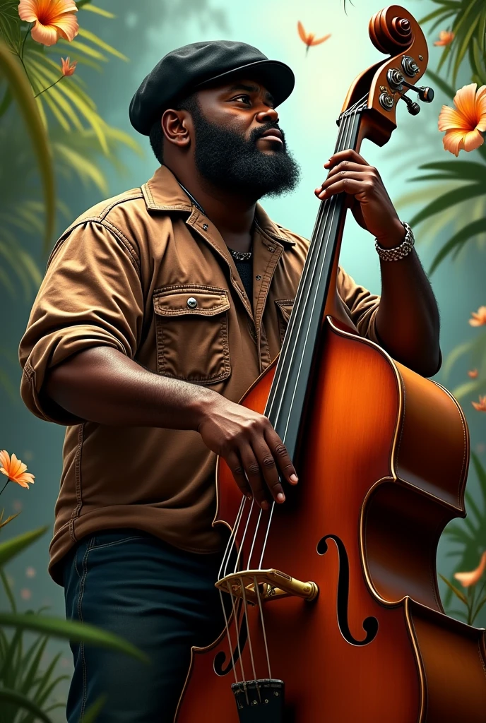 Tropical bassist with dark skin and a corpulent Cuban style with a black beret and a vintage 3D babybass