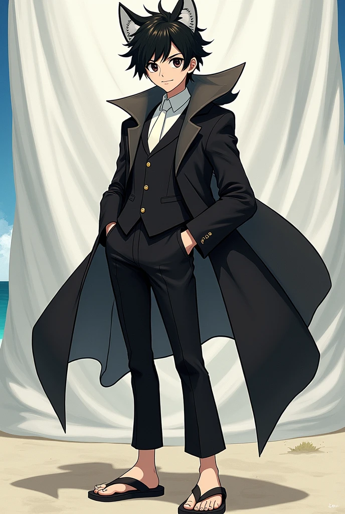 Black haired character, Mink bear features, wears a black suit with a white tie, wears flip-flops and dress pants, has the sand fruit, usa or estilo of luta hokushiki, has a white cover, and is the right hand of a crew, he is 19 years old.
