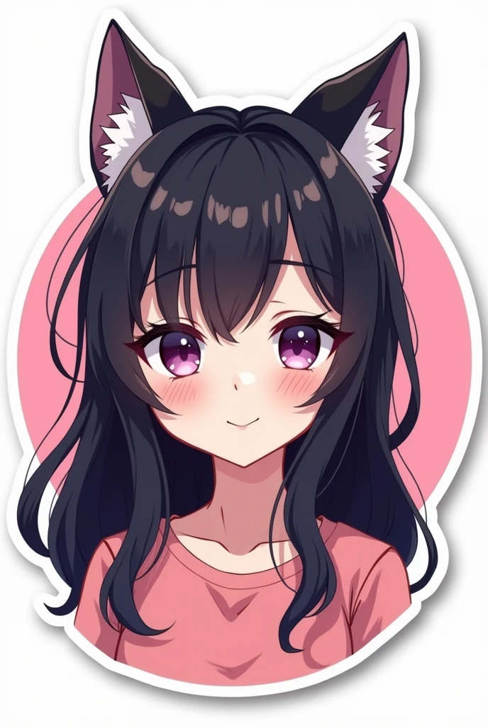 Sticker, Cute anime girl head, Long black hair style,Deep purple eyes，Black cat ears, cute clothing，in circle, White background, Bright pink, Simple, Ultra detailed, Detailed drawing, vectorised, Silhouette, 8K, professional sticker design, Flat design, Vector lines, Sticker, Drawing, Drawing, Full-HD