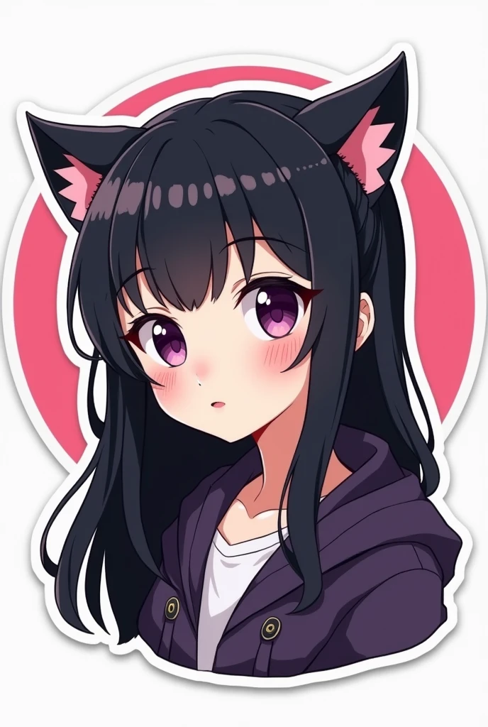 Sticker, Cute anime girl head, Long black hair style,Deep purple eyes，Black cat ears, cute clothing，in circle, White background, Bright pink, Simple, Ultra detailed, Detailed drawing, vectorised, Silhouette, 8K, professional sticker design, Flat design, Vector lines, Sticker, Drawing, Drawing, Full-HD