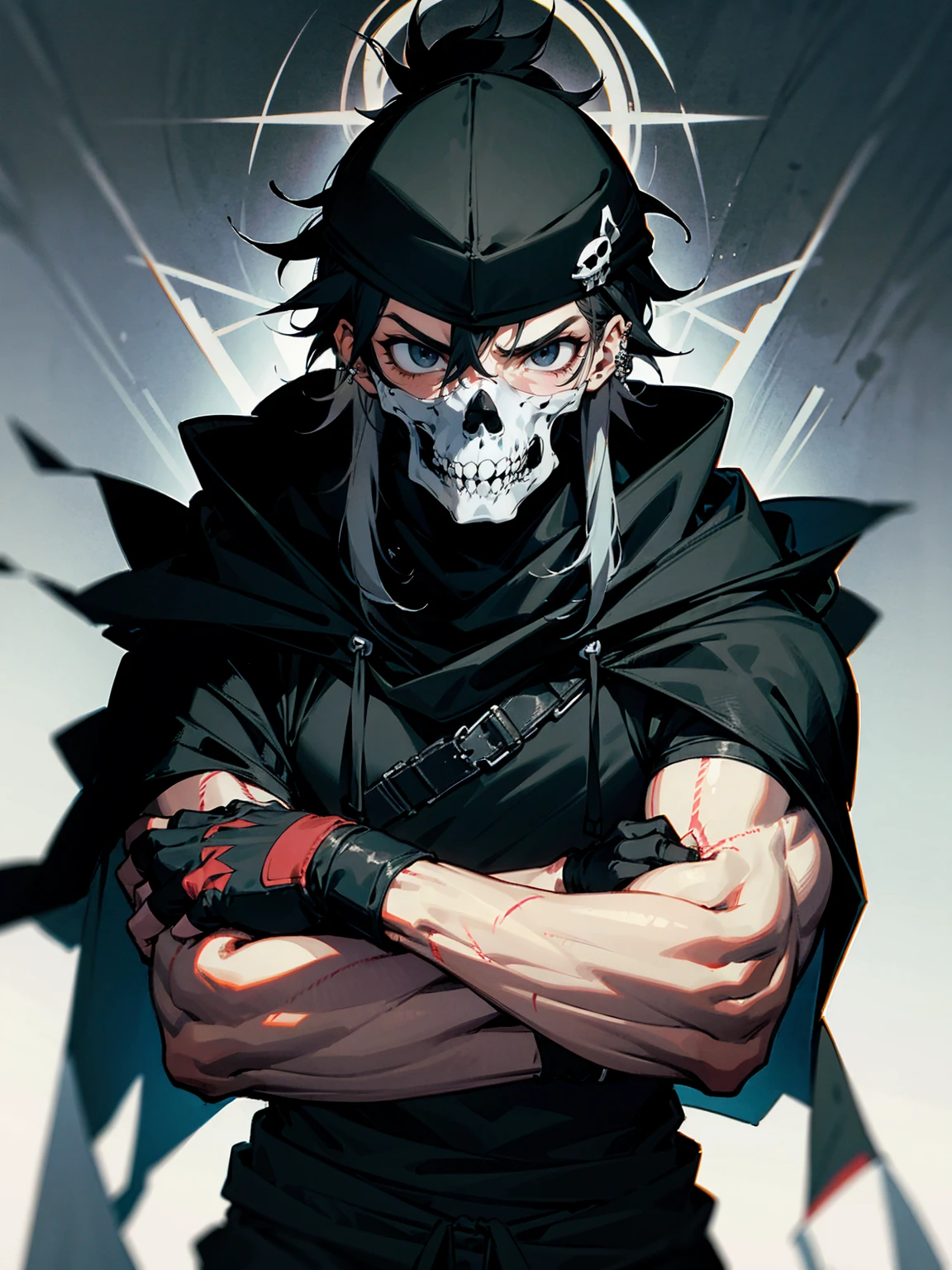 1male, adult, messy hair, black hair, beanie, hood over head, black eyes, skull mask, eye piercing, lazy expression, serious expression, cape, black military outfit, black sweatpants, muscular build, arms folded