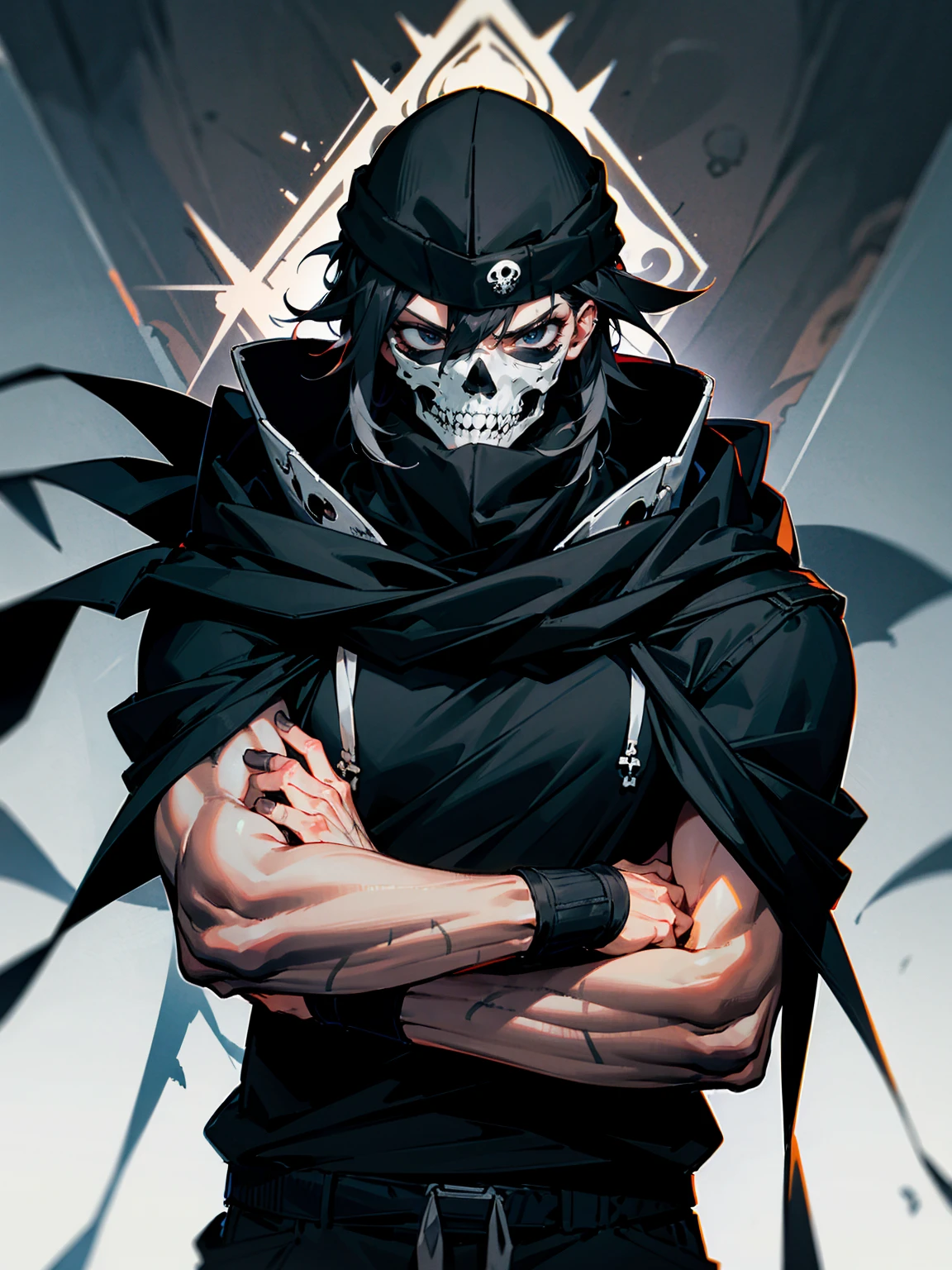 1male, adult, messy hair, black hair, beanie, hood over head, black eyes, skull mask, eye piercing, lazy expression, serious expression, cape, black military outfit, black sweatpants, muscular build, arms folded