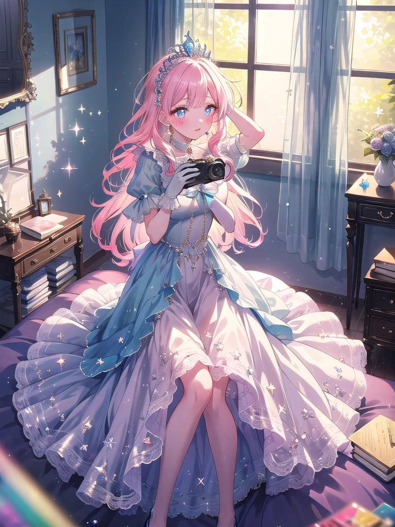 ((8k, Highest quality, masterpiece: 1.3)),Ultra-high resolution,(1 girl, alone), (Color changing eyes, Ultra-detailed, Expressive brilliance, Glitter, Glowing Eyes), Highly detailed eyes, Highly detailed face, Random Hair, ((pastel colour)),A joyful young woman with pastel pink hair styled into loose waves, sitting on her bed with her legs crossed. The room is bright and airy, with sunlight streaming through the large window. She is dressed in a classic princess cosplay, wearing a flowing, pale blue gown with a jeweled tiara on her head and matching gloves. The camera captures her from a slightly elevated angle as she holds up a small hand mirror, pretending to admire herself like royalty, her expression playful and lighthearted. Her room is decorated with soft, pastel colors, plush cushions, a vanity table with a large mirror, and a few fairy tale books scattered around, giving it a dreamy, enchanted atmosphere.



