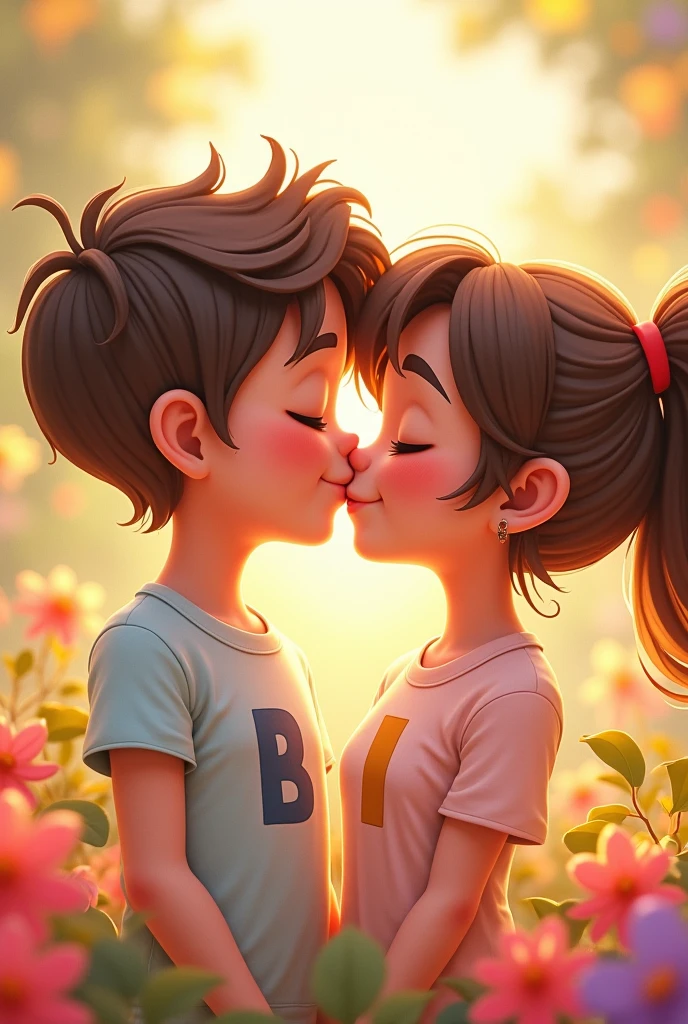 Beautiful cartoon girl wearing t shirt printed letter B and hadsome cartoon boy wearing t shirt printed letter I. They are close on flower background. They are kissing.