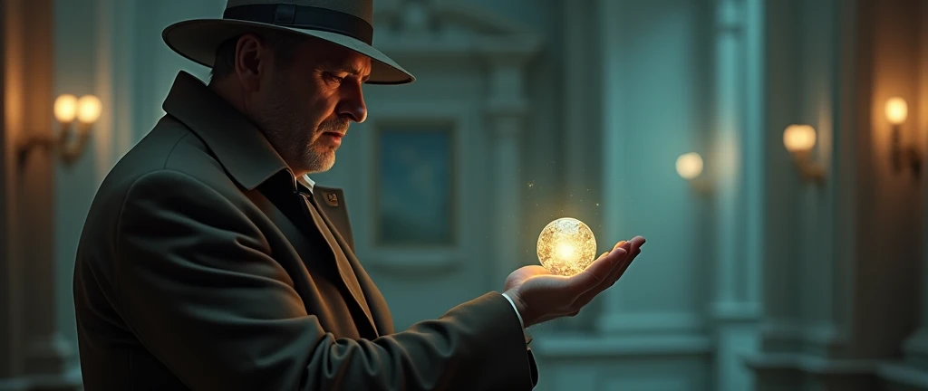 A detective man one glow ball on her hand a aesthetic background