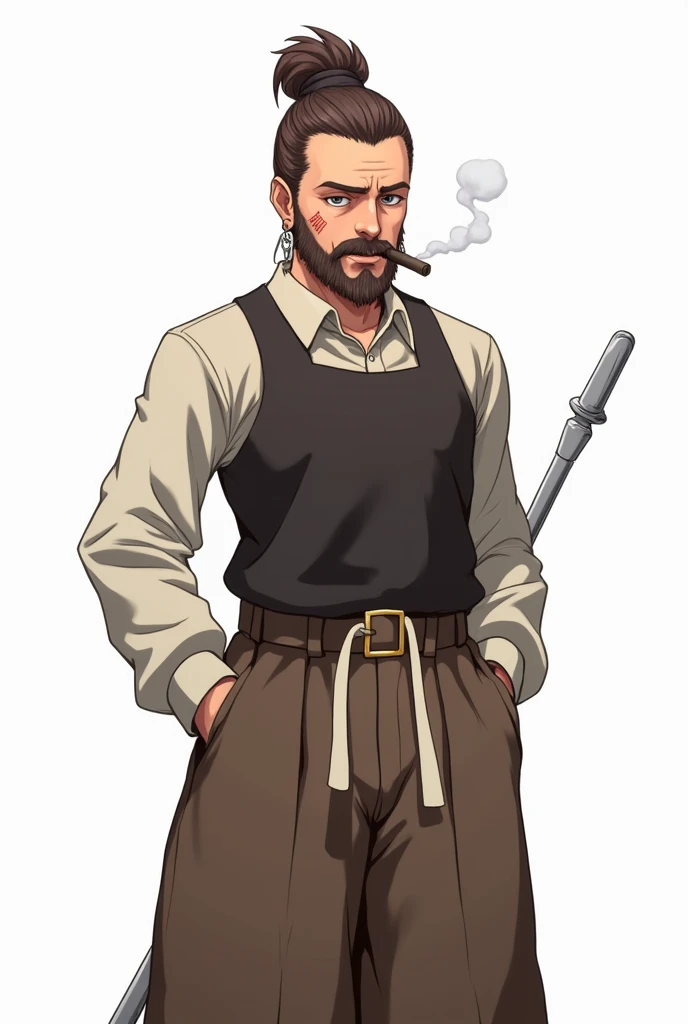 character, old man, brown hair tied up, body , imposing, dangling earring on her ear, totally black eyes, short beard, bushy eyebrows, cigar in his mouth, scar on his shoulder, wide wool trousers, white ribbons on her waist, white staff, anime, 4k, White background