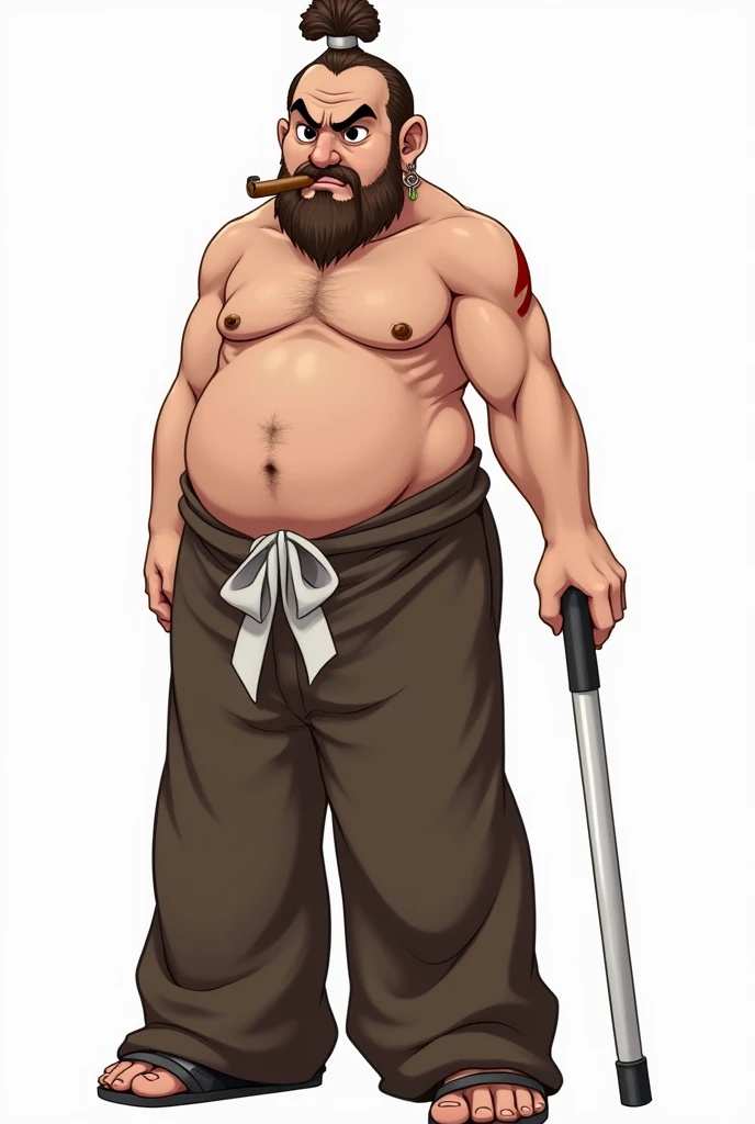 character, old man, brown hair tied up, body , imposing, dangling earring on her ear, totally black eyes, short beard, bushy eyebrows, cigar in his mouth, scar on his shoulder, wide wool trousers, white ribbons on her waist, white staff, anime, 4k, White background