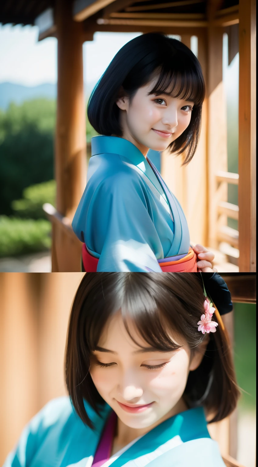 With open arms, Cute crying face, Laughs and Tears, 最high quality、high quality、Best image quality、8k、最High resolution、High resolution、temple, Realistic photos, Healthy body, Beautiful Eyes, Flowing black hair, Colorful kimono, Calm expression, Soft lighting, Traditional Japanese art style, Vibrant colors, Peaceful atmosphere, Delicate features, Graceful posture, Beautiful Landscape