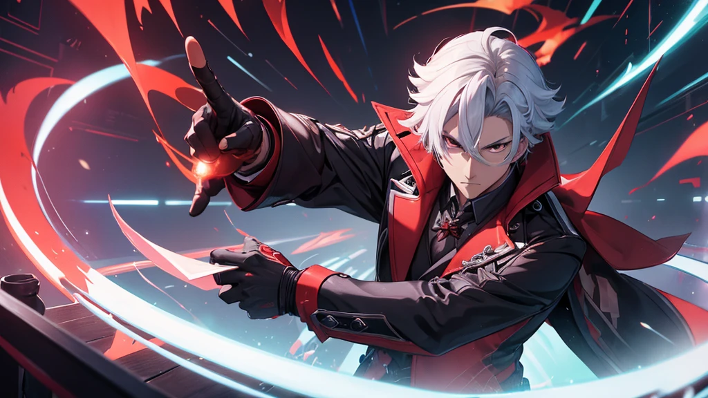 Man in overcoat working on a technology table with red energy coming out of it. He should look like the character Alerchinno from Genshin Impact.