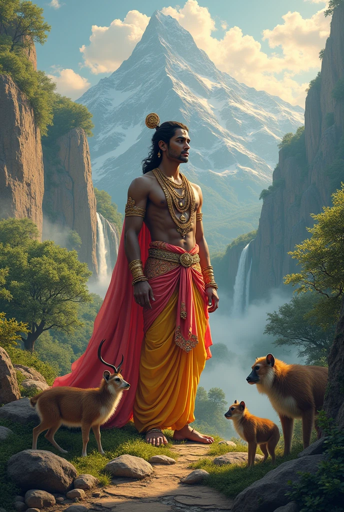 Lord Ram in mountain with animals and monkey


