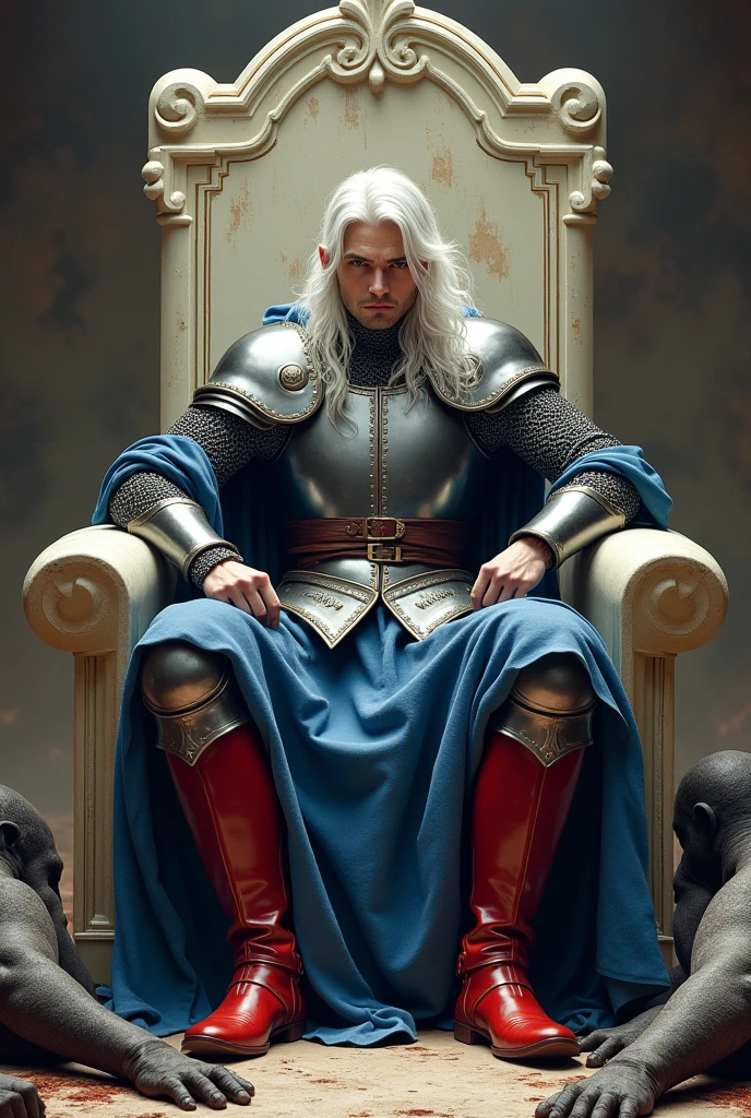 medieval male knight with white hair, blue colored armor, red boots, sitting on an ivory-colored throne, with bodies of defeated magicians around the throne