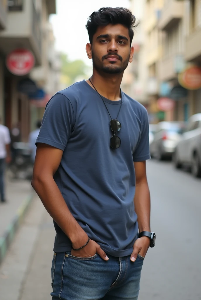 A boy age 27 south India from andhrapradesh wear jeans and t-shirt dusky skin and searching for his girlfriend in mumbai city.