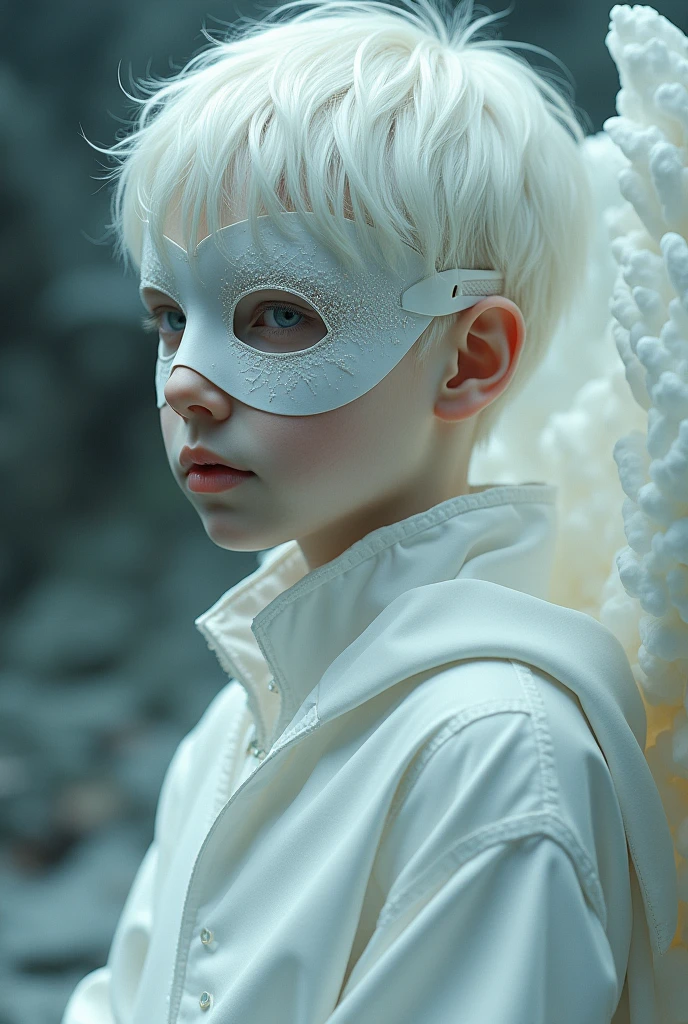 Boy with white hair and mask and white clothes