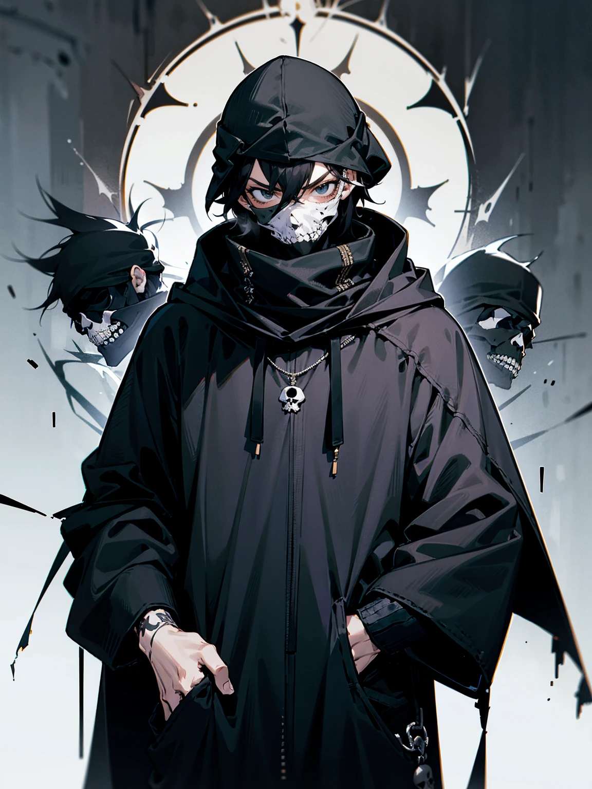 1man,hoodie,chains all around body,black hoodie,hood up,badass,mist,muscular,gas mask,