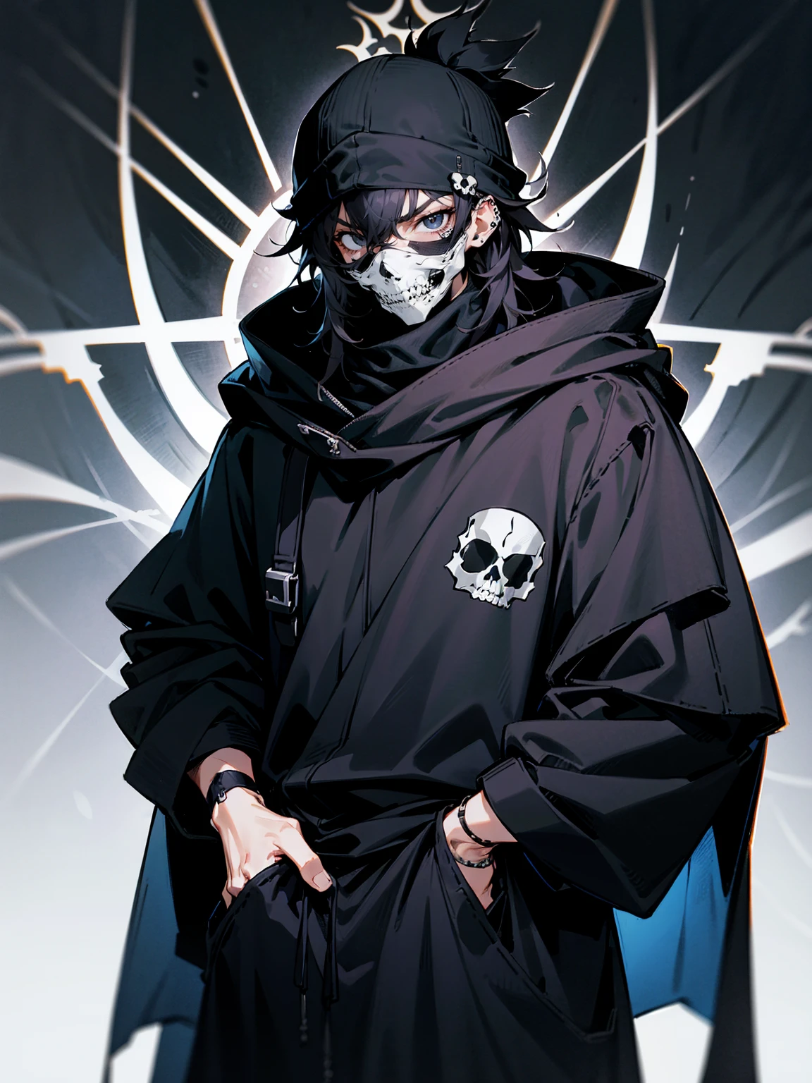 1male, adult, messy hair, black hair, beanie, hood over head, black eyes, skull mask, eye piercing, lazy expression, serious expression, cape, black military outfit, black sweatpants, lean build, hands in pocket