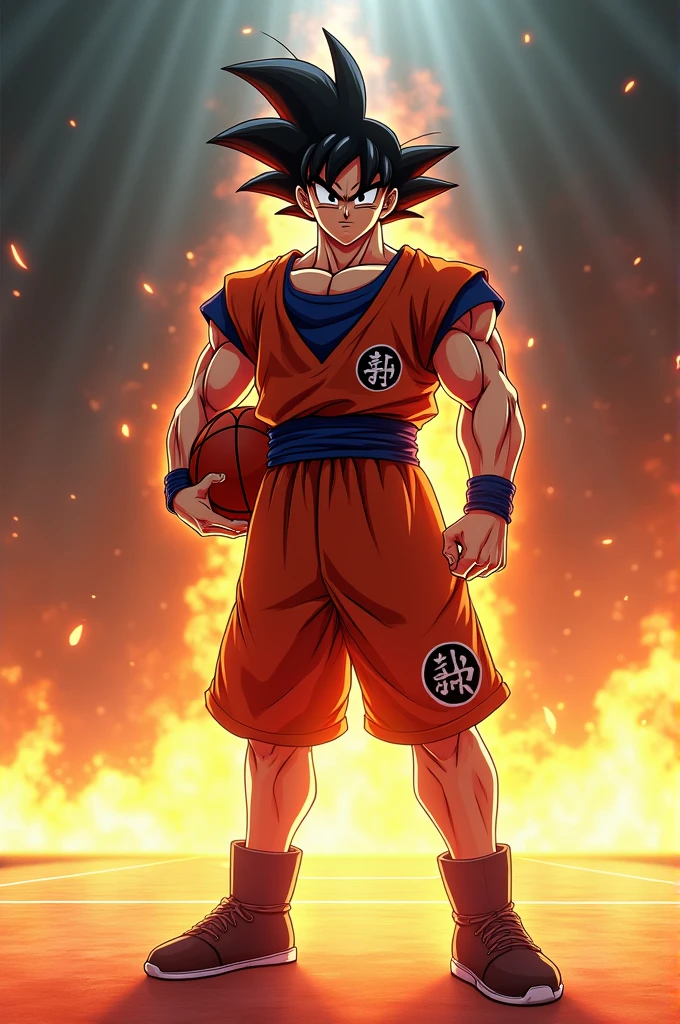 I want you to make Goku in basketball clothes after shooting a basketball, with a conceited expression, with fire and so that everything can be seen sigman