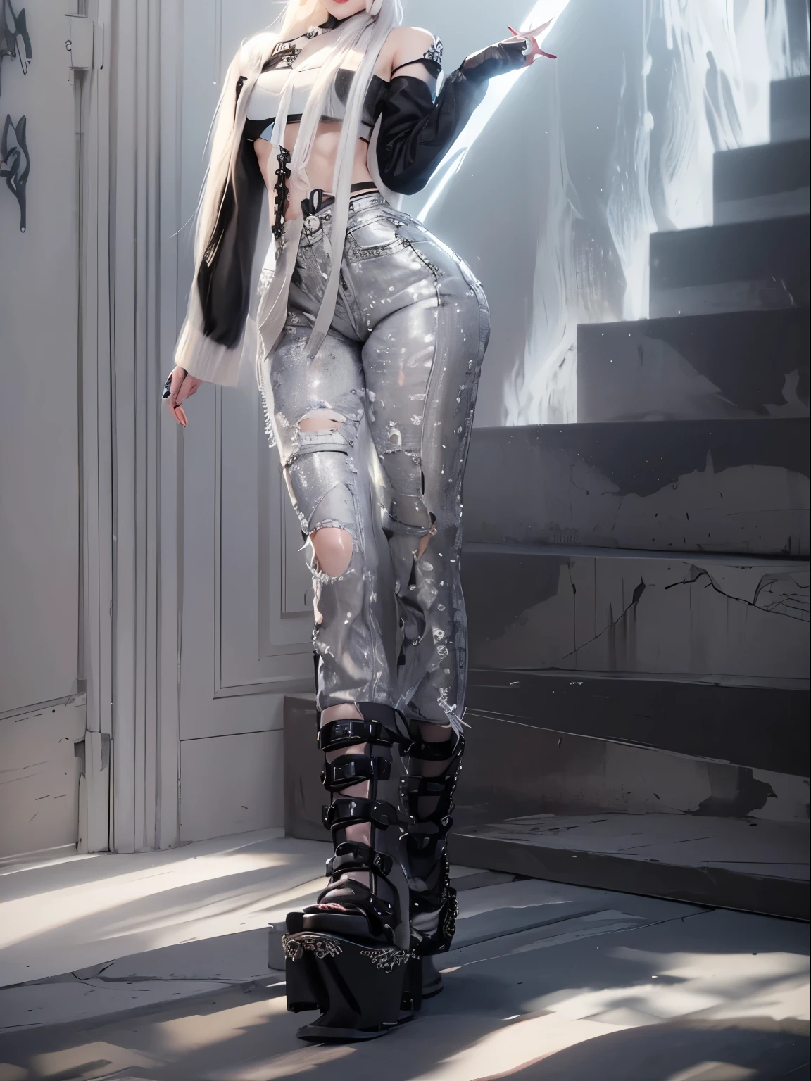 aVATAR SECOND LIFE Korean girl wearing black top, and jeans,, White hair, White hair White hair, Asian, Perfect and detailed face, imvu, maximalist details, AVATAR SECOND LIFE Korean blusa , neon