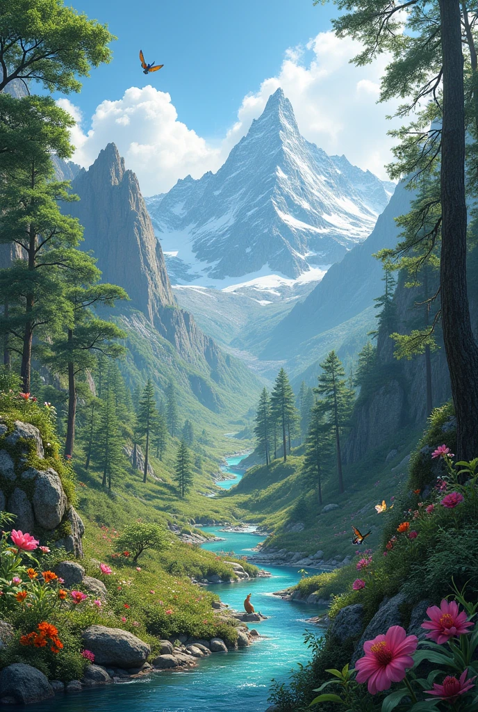 The drawing will show a mountainous landscape with a stream and a forest around it.. In the forest there would be a great variety of plants and animals, including parrots, butterflies, ground squirrels, rabbits and many more. The phrase could be
