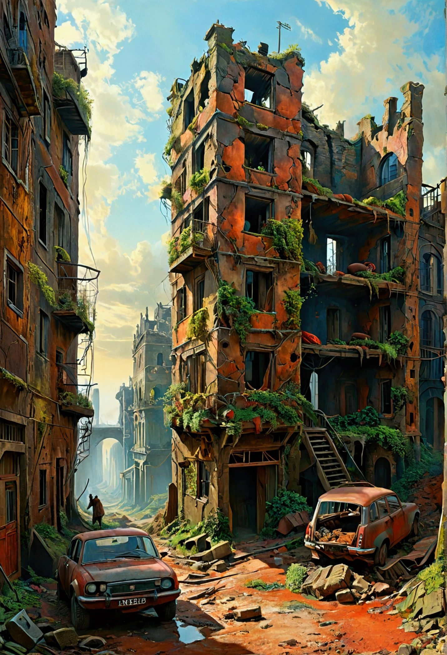Créez des chefs-d'œuvre dystopiques,Représentez le paysage urbain antique détruit dans un style artistique conceptuel de jeu réaliste.. L'œuvre d'art doit évoquer un sentiment de désolation et de désespoir antique , monde post-apocalyptique. Gardez un œil sur les subtilités des détails, netteté, et une description très détaillée de la ville en ruines. Inspirez-vous des styles artistiques de Wayne Barlow et Zdislav Beksiński. Livrez cette image au format d'affichage vidéo, Montrez la sombre beauté de ce monde en décomposition.
