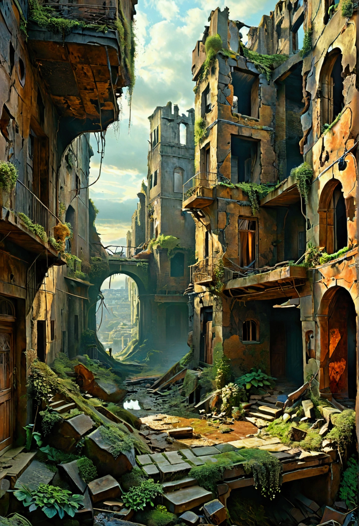 Créez des chefs-d'œuvre dystopiques,Représentez le paysage urbain antique détruit dans un style artistique conceptuel de jeu réaliste.. L'œuvre d'art doit évoquer un sentiment de désolation et de désespoir antique , monde post-apocalyptique. Gardez un œil sur les subtilités des détails, netteté, et une description très détaillée de la ville en ruines. Inspirez-vous des styles artistiques de Wayne Barlow et Zdislav Beksiński. Livrez cette image au format d'affichage vidéo, Montrez la sombre beauté de ce monde en décomposition.