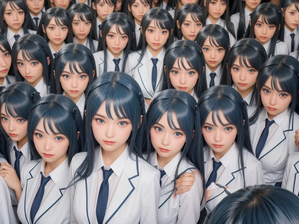(((Clone Art、Very detailed depiction of a female avatar、8k: 1.5)))、Realistic、((16 years old))、((日本人のhigh school girl))、high school girl、((high school girl))、Beauty、woman、((Summer uniform、blue、White shirt、Skirt is light blue、White Pantyhose、Black leather shoes: 1.9))、((Black Hair、ponytail、Japan Eyes、smile: 1.9))、Beautiful Skin、Big Breasts、((There are many cloned humans who have the exact same face and body shape as the high school girl: 1.8))、Enclosure、数万人のhigh school girl、Standing、sitting、((crowd、Group、Intensive))、(((top view)))