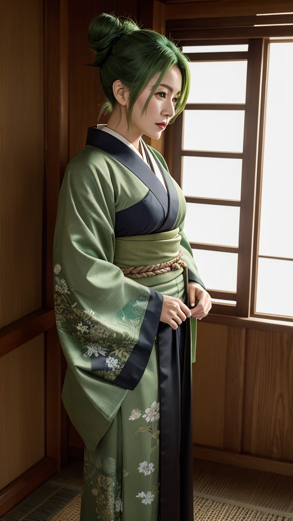 photorealistic, high resolution, 1women, mature female, solo, hips up, old green hair, emma \(sekiro\), japanese clothes, dark green kimono, single hair bun, haori, mature female