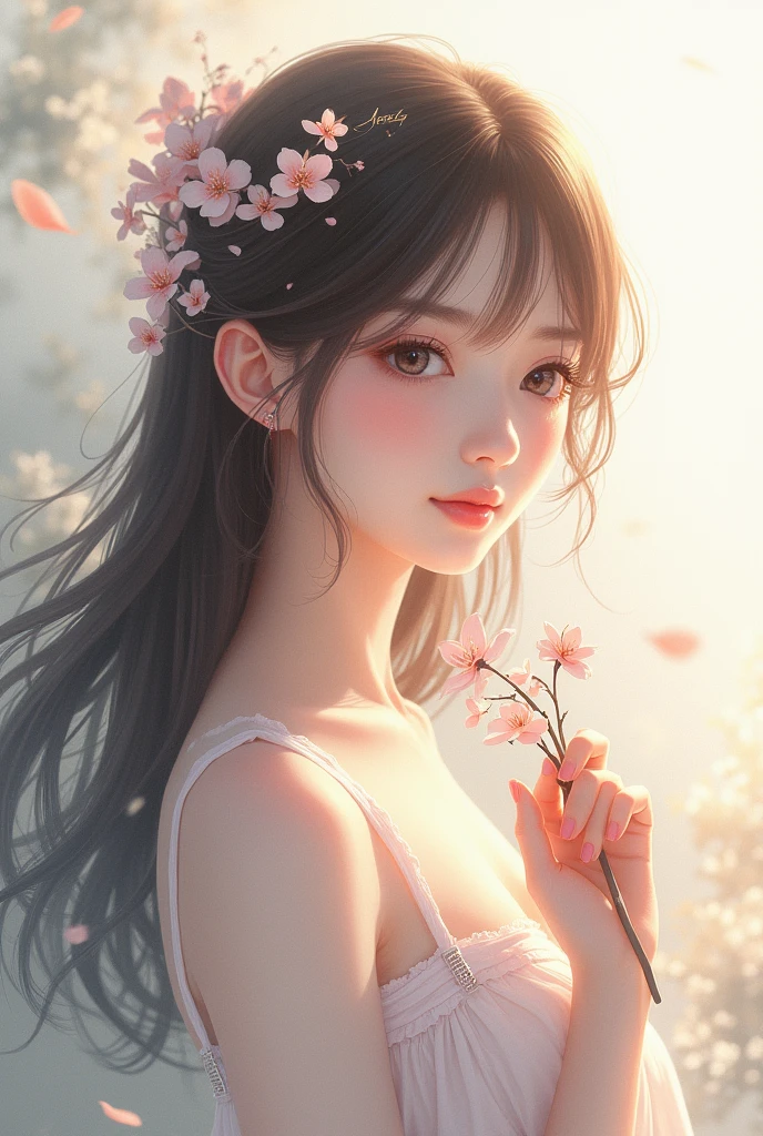 An anime girls, flower in hands, looking in right side,aesthetic weather