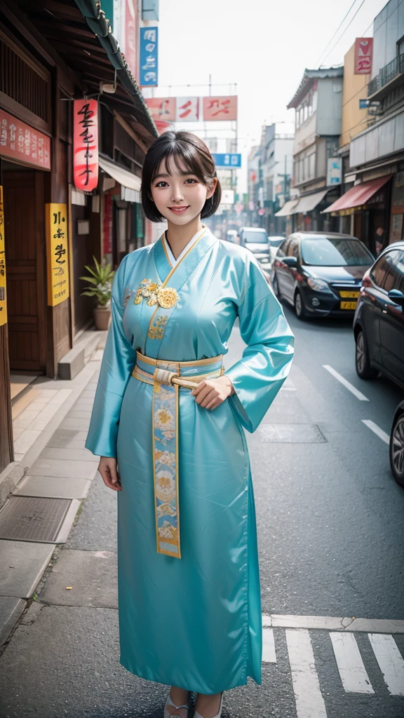 master piece,from front,standing,full body,Highest quality,Very detailed,Nikon D850 film stock photo, 1 1 1.6 Lenses, Rich colors, Realistic, Cinestill 800, Backlight, Rim Light, Studio Lighting,a girl, one girl,solo focus,alone,8k,raw photo,Japanese women,Age 25,Fair skin,Beautiful eyes,Clear,Detailed eyes,smile,teeth,hime cut hair,,g cup bust,Large Breasts,Chimachogori (Korean traditional costume),,background:Urban streetscape of Seoul, Korea,one girl