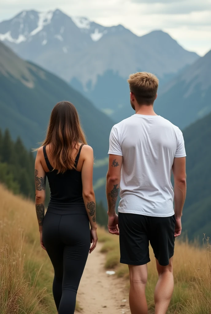 create a poster of a woman with brown eyes, long brown hair, with tattoos on arms, wearing a black top and leggings looking at a man with dark blond hair wearing a white t-shirt and black shorts on a trail with a background of mountains